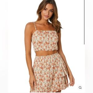 MINKPINK Cream Floral Smocked Crop Top and Skirt Set with Orange Accents